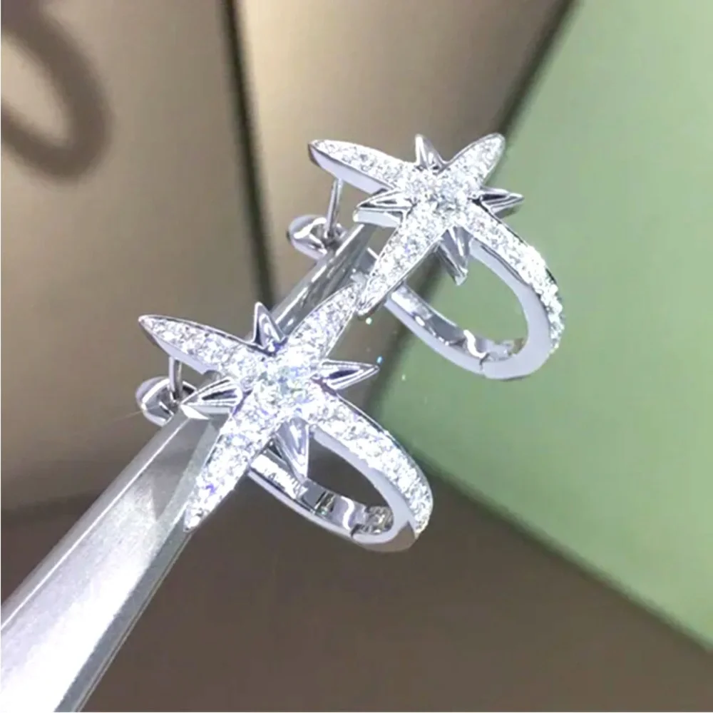 New Sterling Silver White Sapphire Star Huggies